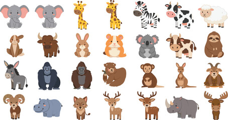 Cute Zoo and Farm Animals Cartoon Vector Set with Elephant Giraffe Zebra Cow Deer Rhino Monkey Characters © MdAlom