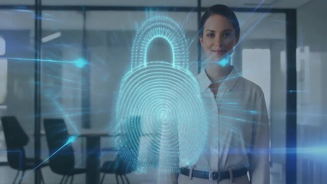 Business professional standing in a modern office with semi-transparent glowing digital duplicates, symbolizing multitasking, digital identity, productivity, and advanced workplace technology.
