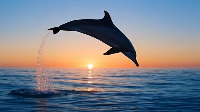 Spectacular dolphin leaping out of the ocean at sunrise creating water spray