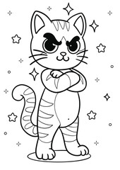 Fototapeta premium Black and white outline drawing of a mischievous cartoon cat standing with crossed arms, surrounded by stars, perfect for a coloring page.