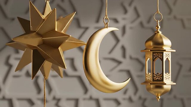 Golden Islamic Symbols: Crescent Moon, Star, and Lantern Hanging in Front of Geometric Background