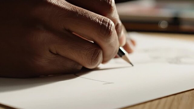 A close-up of a hand drawing a fine line with a graphite pencil on paper.