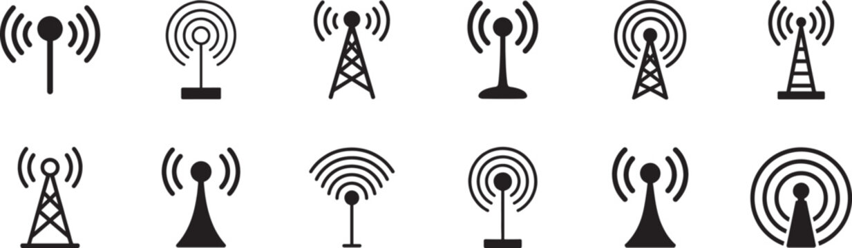Antenna tower icon set in thin line style for communication, signal, network, and telecom design.
