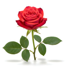 Fototapeta premium Red rose flower blooming fresh green leaves isolated white background close up