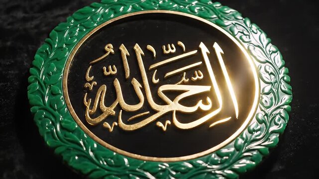 Islamic Calligraphy Plaque with Ornate Green Frame and Golden Arabic Script on Black Background