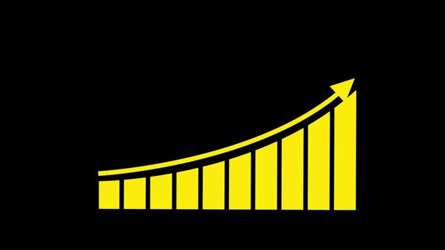 Business graph icon Black flat illustration . Yellow Growth Chart Icon with Upward Arrow on Black Background.