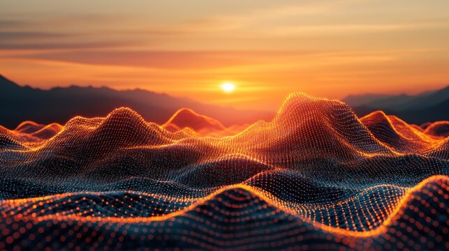 Abstract sunset over digital mountains