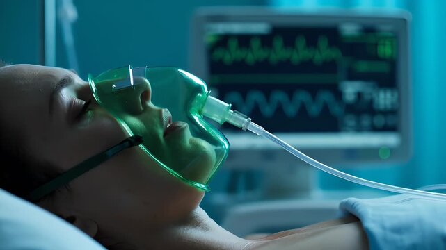 A poignant close-up of an unconscious patient in a coma, breathing through an oxygen mask while medical monitors track vital signs in a blue-toned intensive care setting.