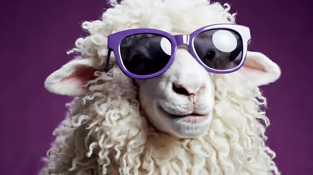 A fashion-forward farm animal concept featuring woolly white ewe sporting oversized purple shades, perfectly color-coordinated with flat-lay purple backdrop 
