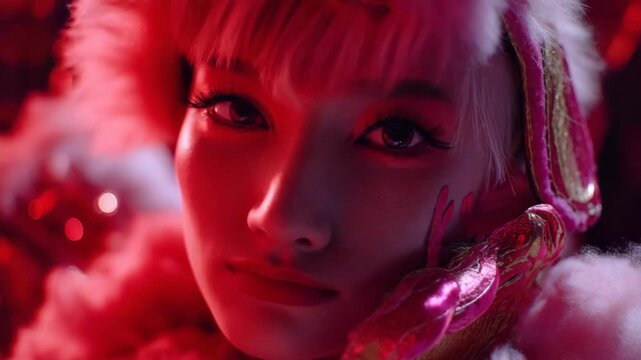 Close-up of a person's face with dramatic red lighting and fluffy pink accents