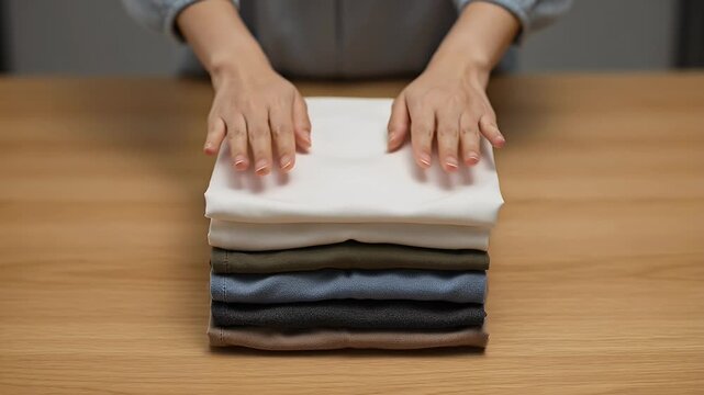 Hands carefully folding clean clothes on a wooden table, organizing and tidying.