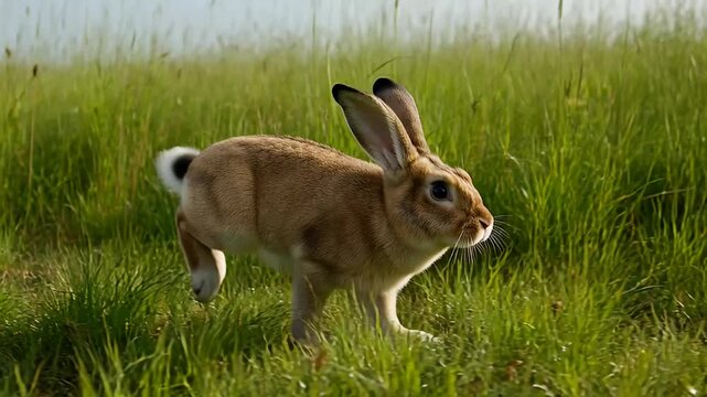 Wild brown hare running through vibrant green grass field on a sunny day, showcasing natural wildlife behavior