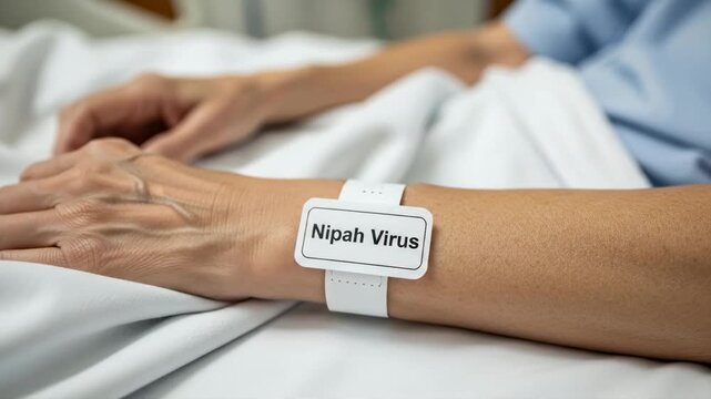 Hospital patient's arm with "Nipah Virus" wristband, resting on a white sheet.