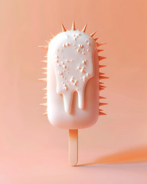 Unique cactus shaped ice cream with white coating and spikes on a plain pink background minimal design