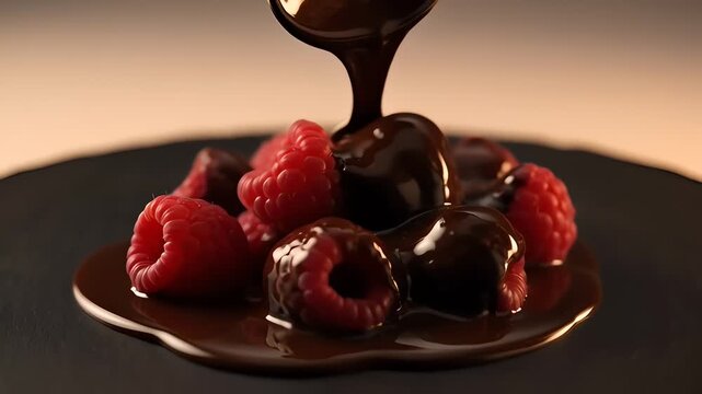 Rich, glossy dark chocolate is poured from a spoon over a cluster of vibrant red raspberries. A decadent and artistic close-up of a gourmet dessert being prepared.