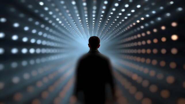 Silhouette of a person walking into a futuristic tunnel of glowing lights