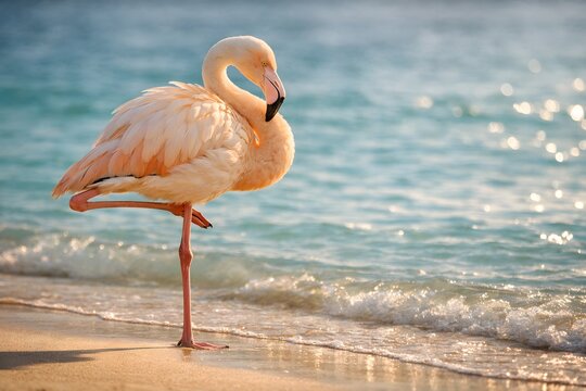 A flamingo stands on one leg at the edge of the water on a beach. The waves are calm and the sun is rising in the background, creating a soft glow around the bird