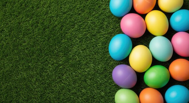 Vibrant easter eggs on green grass background celebrating easter sunday
