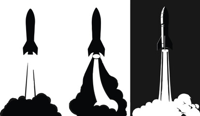 Vector illustration set of rocket ship silhouettes launching with smoke clouds representing business startup concepts growth technology innovation and space exploration missions on white background © MDASIKUL