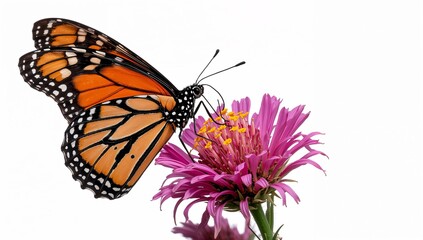 Obraz premium Monarch Butterfly Feeding on Pink Milkweed Flowers Isolated on White Background Hyperrealistic