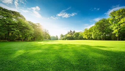 Obraz premium lush green grass meadow background with vibrant grass clear blue sky and soft sunlight filtering through the trees trees background