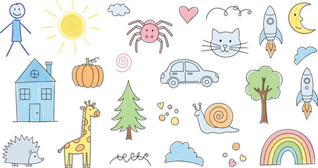 Whimsical hand-drawn doodle set featuring stick figures sun animals rockets houses and nature elements in a colorful crayon sketch style for children's creative projects. © Hosneara