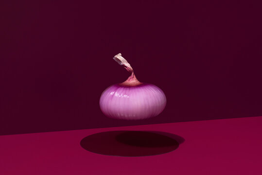 Una Cebolla roja cruda levitando sobre un fondo granate	