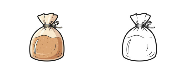 Sachet with visible content shown in colored cartoon and black outline styles with beige and brown colors representing food ingredient and creative coloring activity on white background