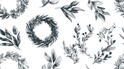 Fototapeta premium Seamless hand drawn botanical wreath fragments with leaves and branches vintage engraving pattern
