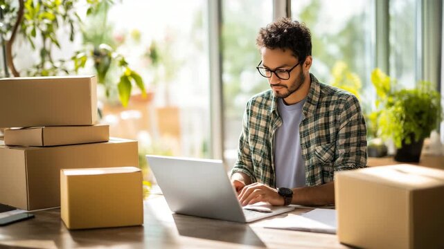 Small business owner managing online orders, e-commerce, order processing