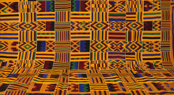 A vibrant Kente cloth pattern with geometric designs and stripes in yellow red blue and green