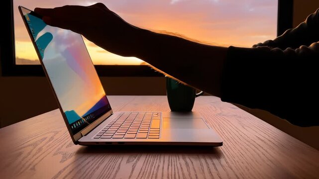 Person working on laptop with coffee at sunset