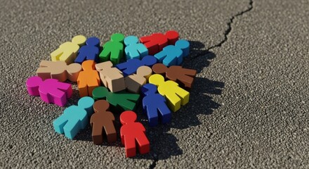 Colorful wooden block figures arranged in a circle on sandy ground