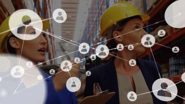 Inspector pointing clipboard triggers network overlay growing across warehouse racks for inspection