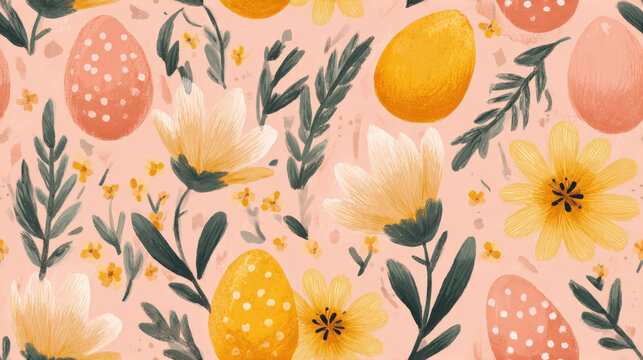 Seamless hand painted gouache easter florals and decorated eggs on soft peach background spring pattern