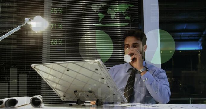 Man sitting desk tapping papers grabbing cup finishing design while HUD showing percent on blinds