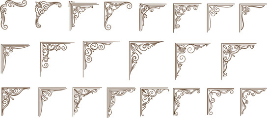 Elegant collection of vintage decorative corner ornaments featuring ornate swirl patterns and filigree designs for classic invitation borders and sophisticated graphic design projects.