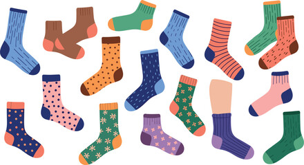 Colorful Cute Socks Collection Vector Illustration with Different Patterns, Stripes and Dots Cozy Winter Fashion Set