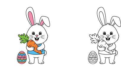 Obraz premium Cute Easter Bunny Holding Carrot with Decorated Egg - Perfect for Spring and Holiday Designs