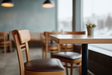 Fototapeta premium Cozy modern cafe interior with wooden furniture and natural light