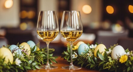 Obraz premium Easter sunday celebration with champagne glasses and decorative tulips