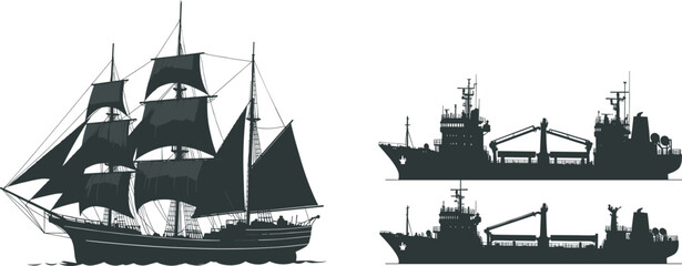Vintage wooden sailing ship silhouette and modern industrial cargo vessel icons isolated on white background, maritime evolution nautical transportation history and technology © MdShahid