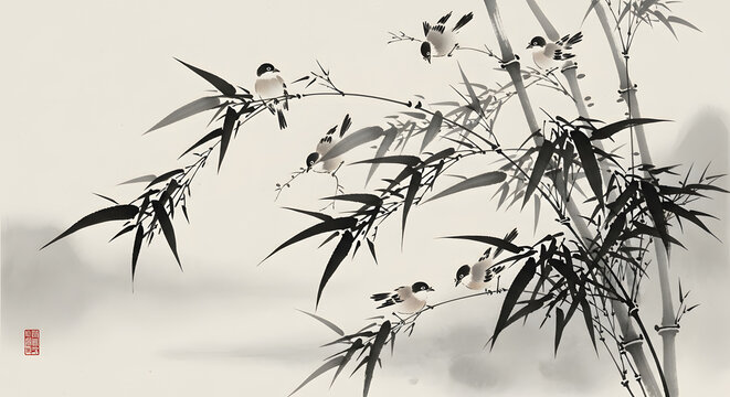 Black ink painting of birds perched on bamboo branches