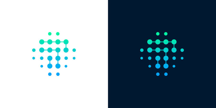 Sleek and dynamic abstract letter T logo composed of interconnected luminous dots, illustrating concepts of digital connectivity, data flow, and technological advancement for a modern brand identity