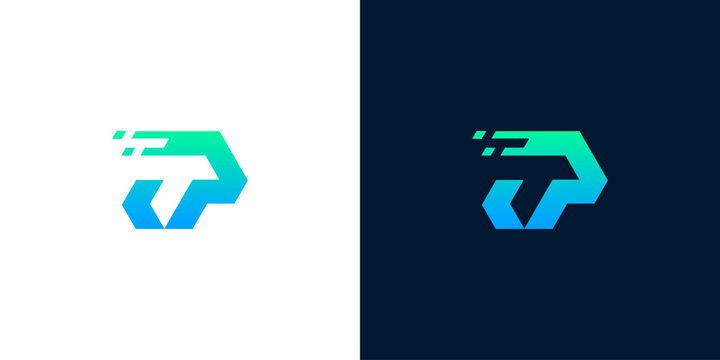 Modern abstract initial P and T logotype featuring a vibrant green to blue gradient and dynamic digital speed lines, symbolizing technology and forward progress