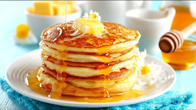 Delicious fluffy stack of golden pancakes drizzled with sweet honey and topped with melting butter for breakfast or brunch
