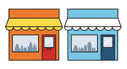 Naklejka premium Cartoon Storefronts with City Skyline Windows.
