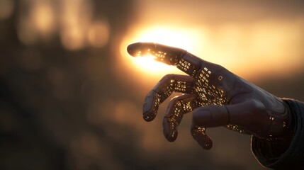 Fototapeta premium A robotic hand reaching towards the sun during golden hour symbolizing futuristic technology and connection