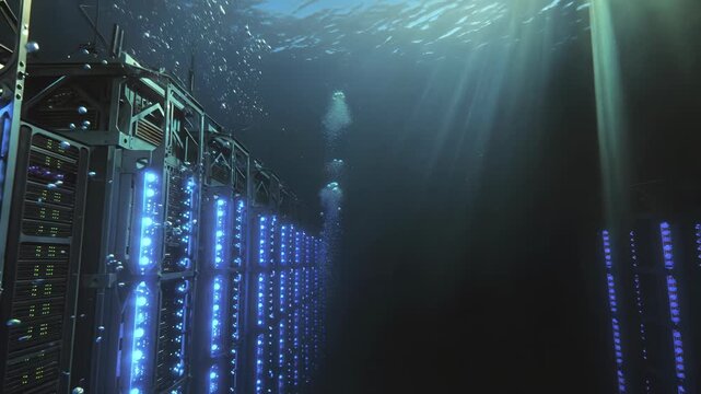 Underwater data center server rack artificial intelligence cloud computing futuristic industrial cooling tech