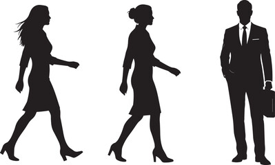 Silhouette vector set of business professionals, man with briefcase, women in dresses, corporate attire, office workers illustration, professional career concept design
